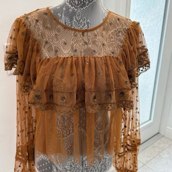 Free People Sheer Mustard Ruffle Blouse - Picture 3 of 9